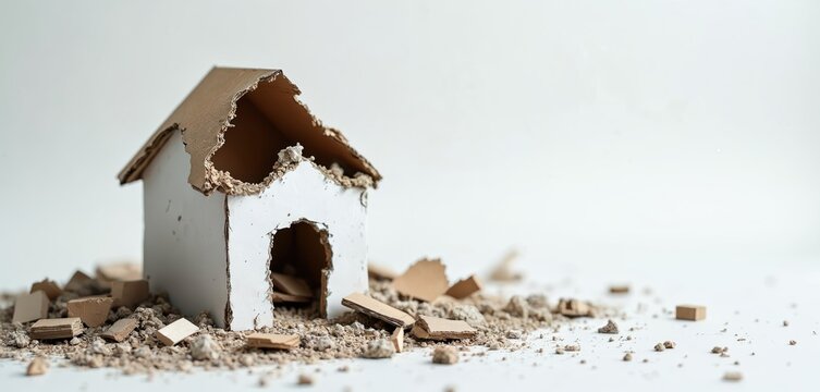 Miniature house model broken and covered in debris. Tiny damaged structure symbolizes crisis loss of property, home destruction, or hardship.