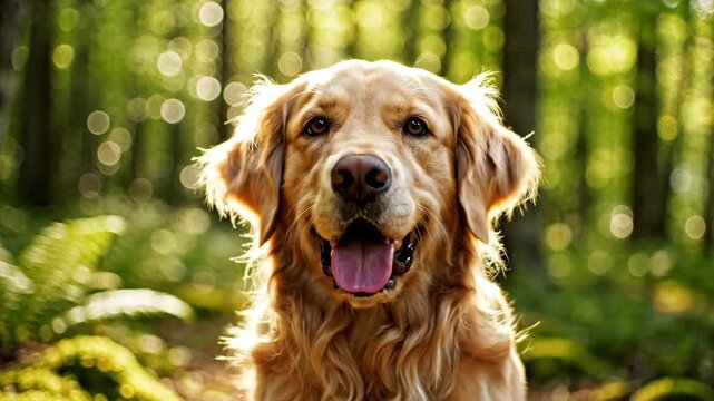 Golden Retriever dog portrait in a sun-dappled forest, happy expression, outdoor photography