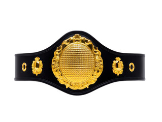 Gold championship belt with ornate design, black leather strap, and decorative details, symbolizing victory and achievement, isolated on transparency background