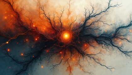 Abstract neural network of bright glowing particles and dark branching structures. Chaotic energy flow sparks and pulses against a muted background suggesting cosmic or cellular activity.