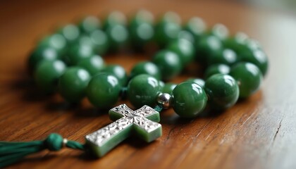 Green jade prayer beads with silver cross charm and tassel rest on wood table. Close up shows detailed craftsmanship and natural stone texture. Serene object suggests faith and meditation practice.