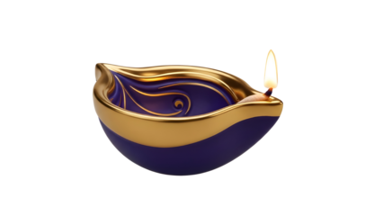 Lit Gold and Navy Blue Ceramic Diya Lamp with Decorative Swirls isolated PNG with Transparent Background