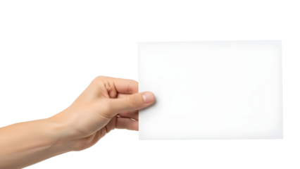 Man's Hand Holding Blank White Paper Card isolated PNG with Transparent Background