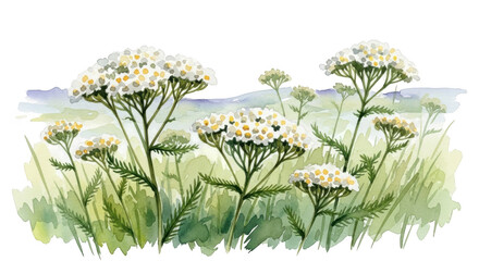Watercolor painting of white yarrow flowers with green foliage and soft background Achillea millefolium