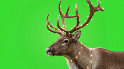 Reindeer adorned with festive Christmas lights on a vibrant green screen background