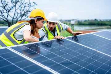 Engineers inspecting solar panels at renewable energy site, checking performance and installation quality. Concept of clean energy, sustainability, teamwork, engineering work..