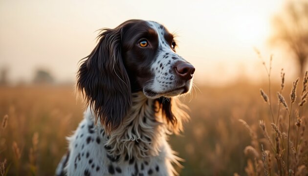 English setter dog in a field at sunset. The animal has brown and white fur and looks attentively. This dog breed is known for hunting and companionship.