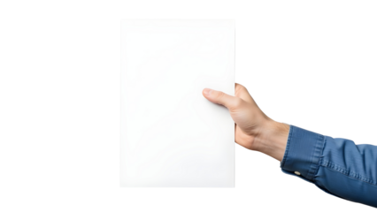 Male Hand Holding Blank White Vertical Paper Sheet isolated PNG with Transparent Background