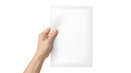 Female Hand Holding Blank White Paper Sheet Product Shot isolated PNG with Transparent Background