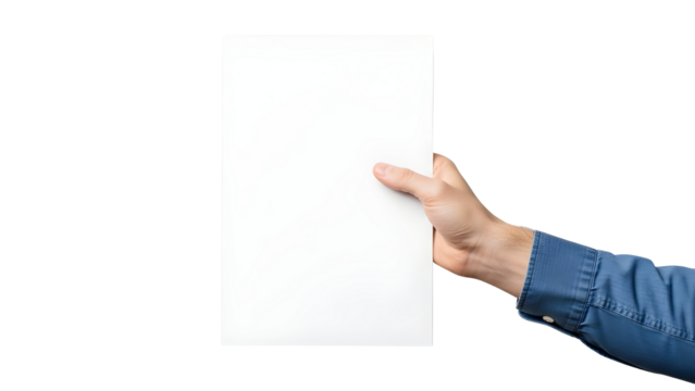 Male Hand Holding Blank White Vertical Paper Sheet isolated PNG with Transparent Background - Powered by Adobe