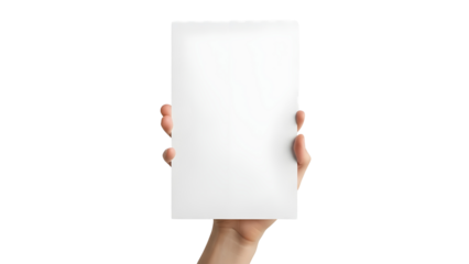 Hand Holding Blank White Vertical Paper Sheet Mockup isolated PNG with Transparent Background