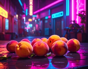 Peaches glisten with water droplets, on a street bathed in magenta and cyan neon light