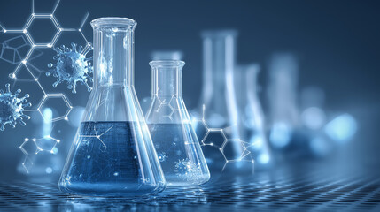 Biotechnology medical research concept, laboratory glassware, molecular structures, digital overlays, blue scientific environment, ultra-detailed