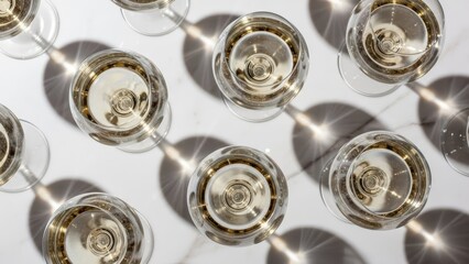 Multiple champagne glasses filled with golden sparkling wine viewed from above casting elegant shadows on white surface during celebration
