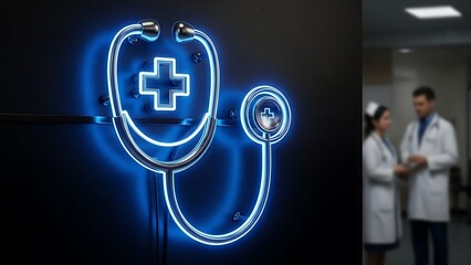 Medical professionals with glowing stethoscope and cross symbol