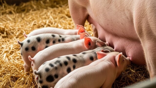 Mother pig nursing spotted piglets on golden straw bedding in farm barn agricultural livestock breeding scene