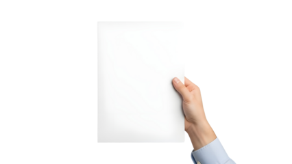 Hand Holding Blank White Paper Sheet Product Shot isolated PNG with Transparent Background