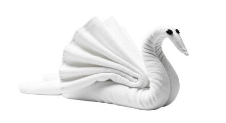 White towel folded into a swan shape with black eyes on a black background image