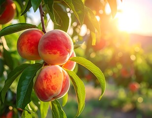 Peaches hang from a tree branch, glowing in the sunset with a blurry field background