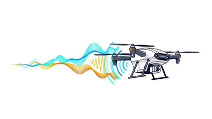 A white drone with four propellers is depicted in flight, emitting colorful wavy lines and sound waves.