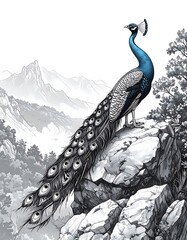 Peacock on rocks overlooking misty mountains in an artistic illustration