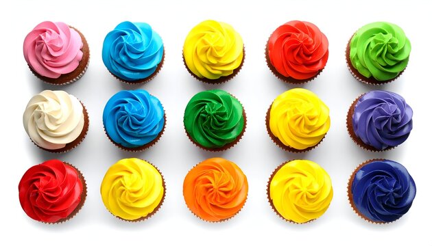 Fifteen frosted cupcakes in a rainbow of bright colors on a white background