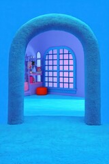 A fluffy blue archway leads into a vibrant, dreamlike room with a window and colorful decor.