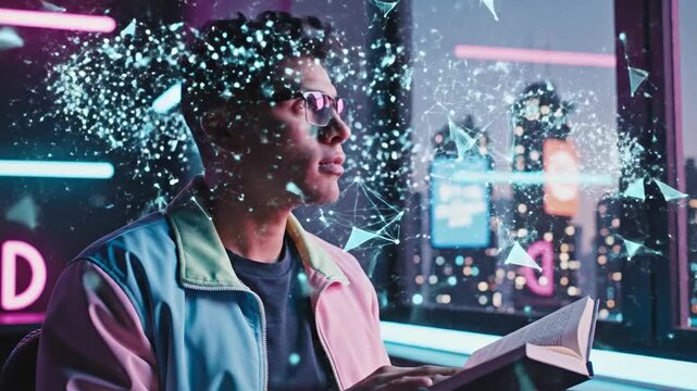 A visionary man's mind dissolves into a futuristic digital network of information, symbolizing the fusion of knowledge, imagination, and technology