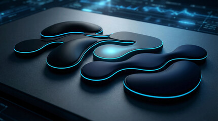 Futuristic abstract shapes with glowing blue neon outlines on a dark digital background