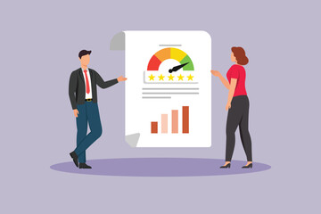 Discussion between men and women regarding data benchmarking. Benchmarking Concept. Colored flat vector illustration isolated