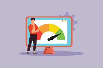 Man is thinking with a benchmarking monitor. Benchmarking Concept. Colored flat vector illustration isolated