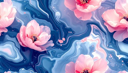 Pink flowers rest on swirling blues; artful chaos. Soft petals and flowing hues create peace in an abstracted scene