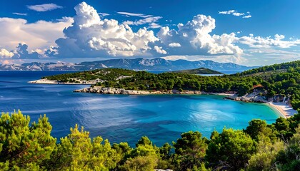 Picturesque bay view with turquoise water, lush greenery, and dramatic cloudy sky over distant hills