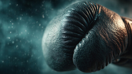 A black boxing gloves punching forward , black background , action fighter mood.