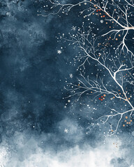 A birch branch with delicate snowflake patterns from the bottom corner, rendered in fine ink with minimal color just a hint of brown-gray wash.