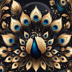 Peacock unfolds its shimmering, golden and blue patterned feathers against a dark, elegant background