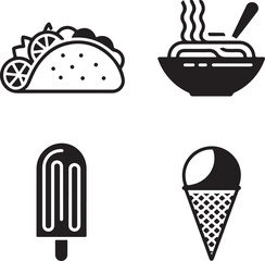 Black and White Fast Food and Dessert Icons, taco, spaghetti, corn dog, ice cream, food