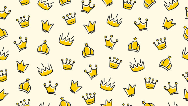 hand drawn golden crowns doodle seamless pattern background. Crown motif wallpaper vector ilustration