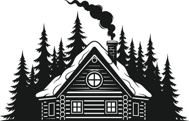 Cozy Winter Cabin in Forest Silhouette, Wood Log House with Snow on Roof, Chimney Smoke, Christmas, New Year, Holiday Season, Vector Illustration, Isolated.