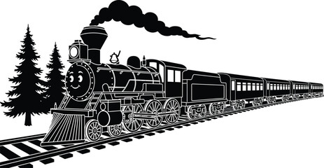 Cute Black and White Cartoon Steam Train Locomotive with Passengers Cars on Railroad Tracks, Old Classic Transport Vehicle, Travel and Railway Journey Vector Illustration with Trees. © Raihan