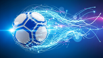 Blue and white soccer ball with glowing light trails football