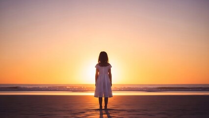 夕焼け空を見つめる少女のシルエットが美しい