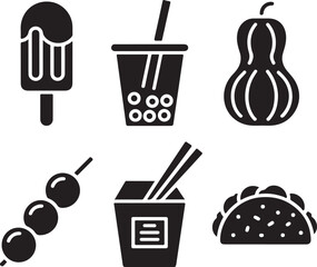 Black silhouette icons of popular street food and drinks vector