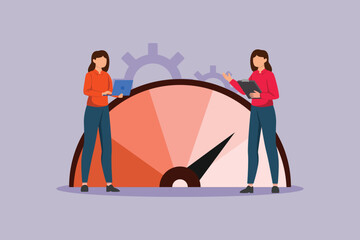Activity of two people conducting analysis related to benchmarking. Benchmarking Concept. Colored flat vector illustration isolated