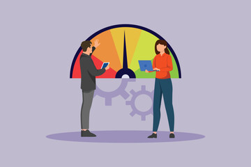 Two-person discussion regarding benchmarking. Benchmarking Concept. Colored flat vector illustration isolated