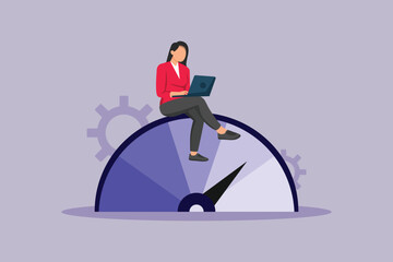Woman sitting with laptop on benchmarking. Benchmarking Concept. Colored flat vector illustration isolated
