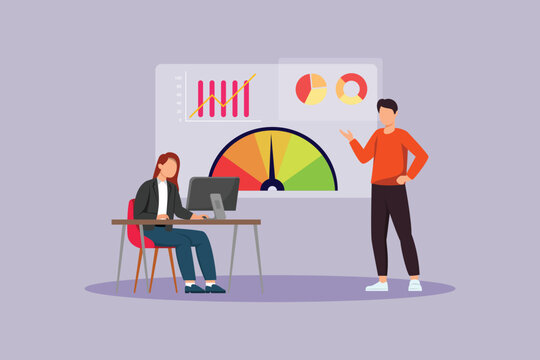 Workers are discussing benchmarking data. Benchmarking Concept. Colored flat vector illustration isolated