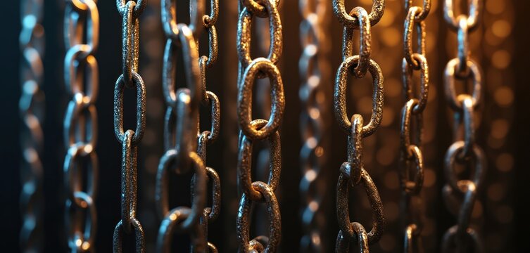 Close-up on hanging metal chains with realistic shine and shadows. Silver and gold links vary in size, suggesting luxury jewelry or decorative elements. Background has bokeh effect.