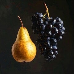 Pear and grapes in a painterly style with dark moody background