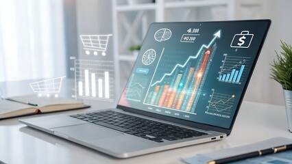 Laptop displaying business growth charts and e-commerce analytics with rising data trends on a modern desk, symbolizing financial success and digital marketing strategy. AI generated art.